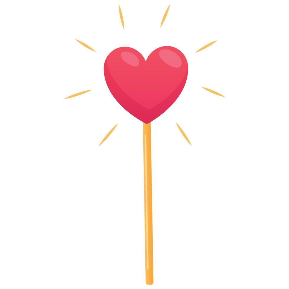 Magic wand with glowing heart, vector isolated cartoon illustration.