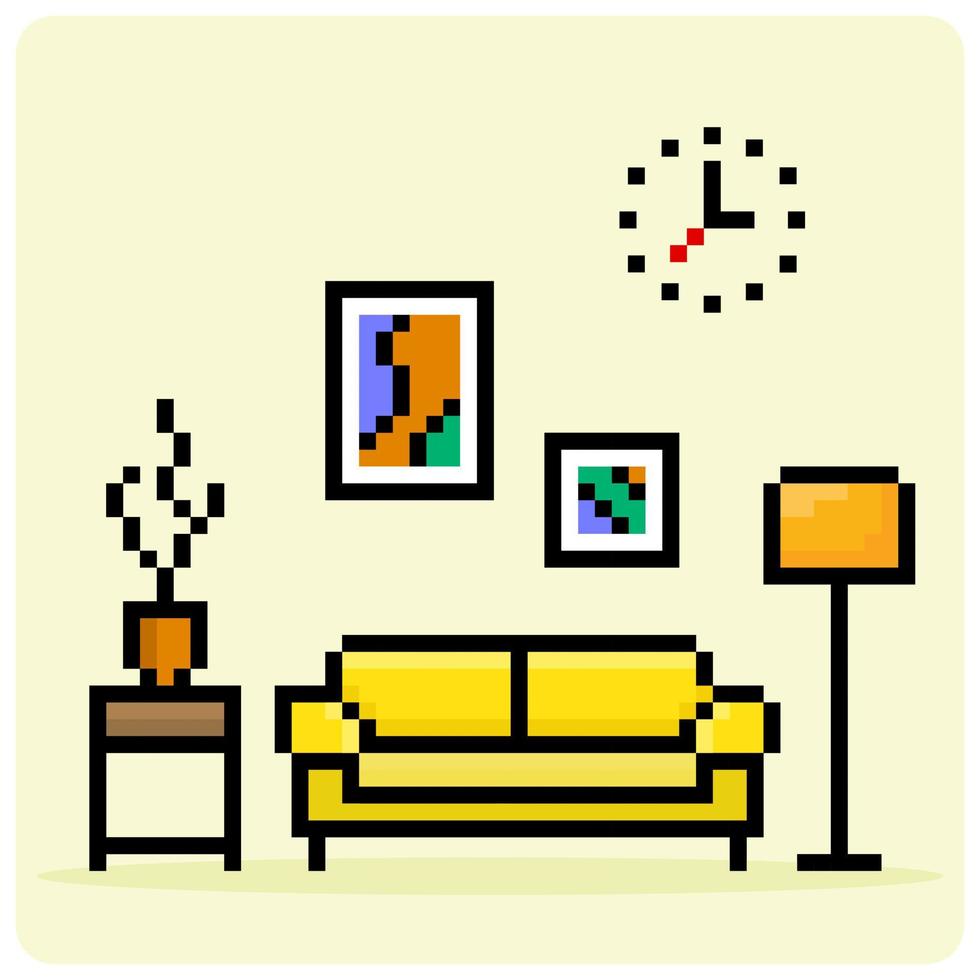 8-bit Pixel Interior Living Room In Vector Illustration for Game Assets. Modern decorating with a minimalist style