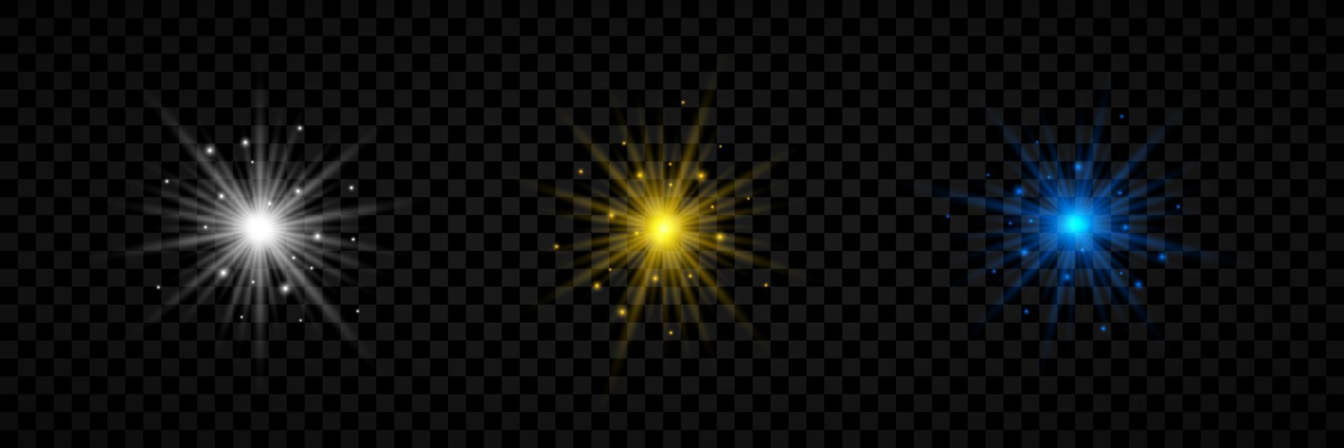 efecto de luz de destellos de lente. conjunto de tres luces brillantes blancas, amarillas y azules efectos de explosión estelar con destellos. ilustración vectorial vector