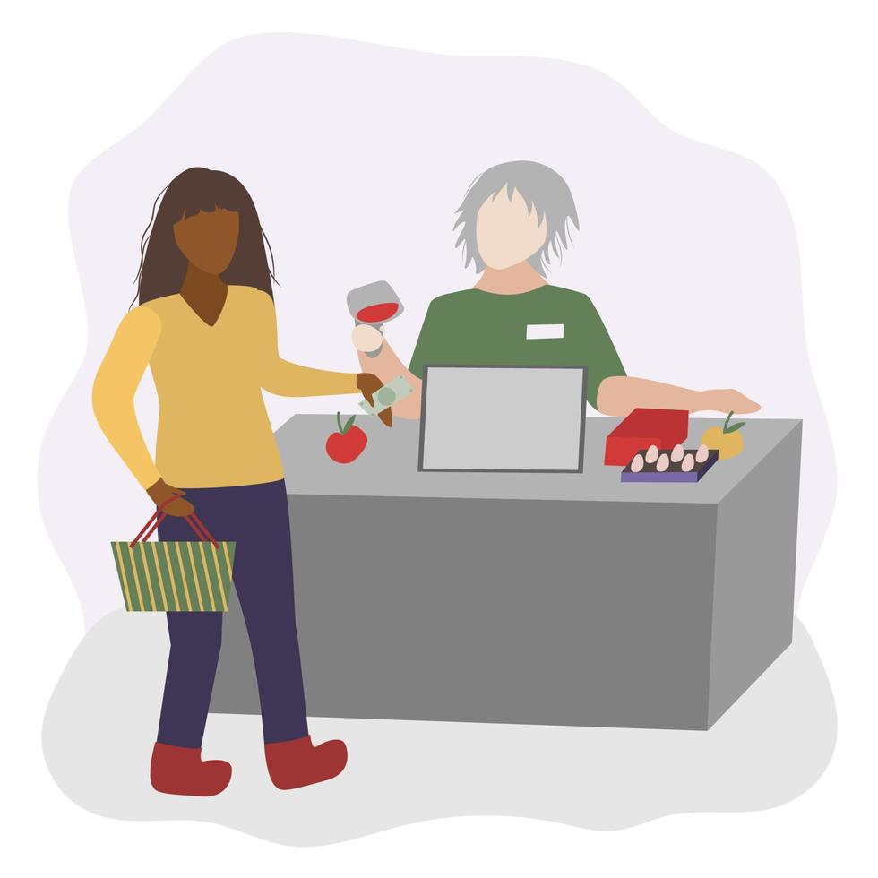 Shop checkout. The girl pays for the purchase. The cashier punches the