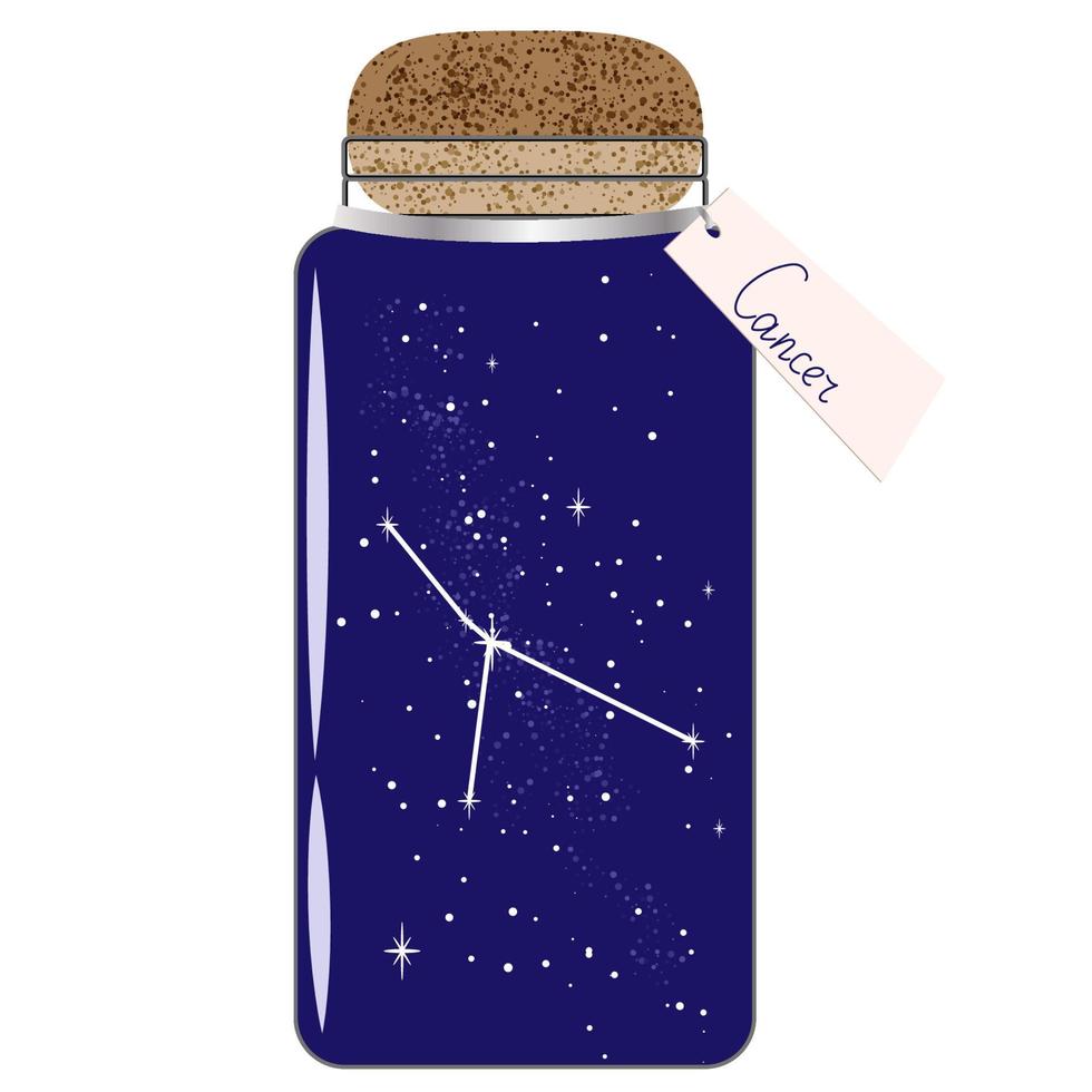 Glass jar with zodiac constellations. Cancer on the night sky. Collect moments. Jar with tag for horoscope vector