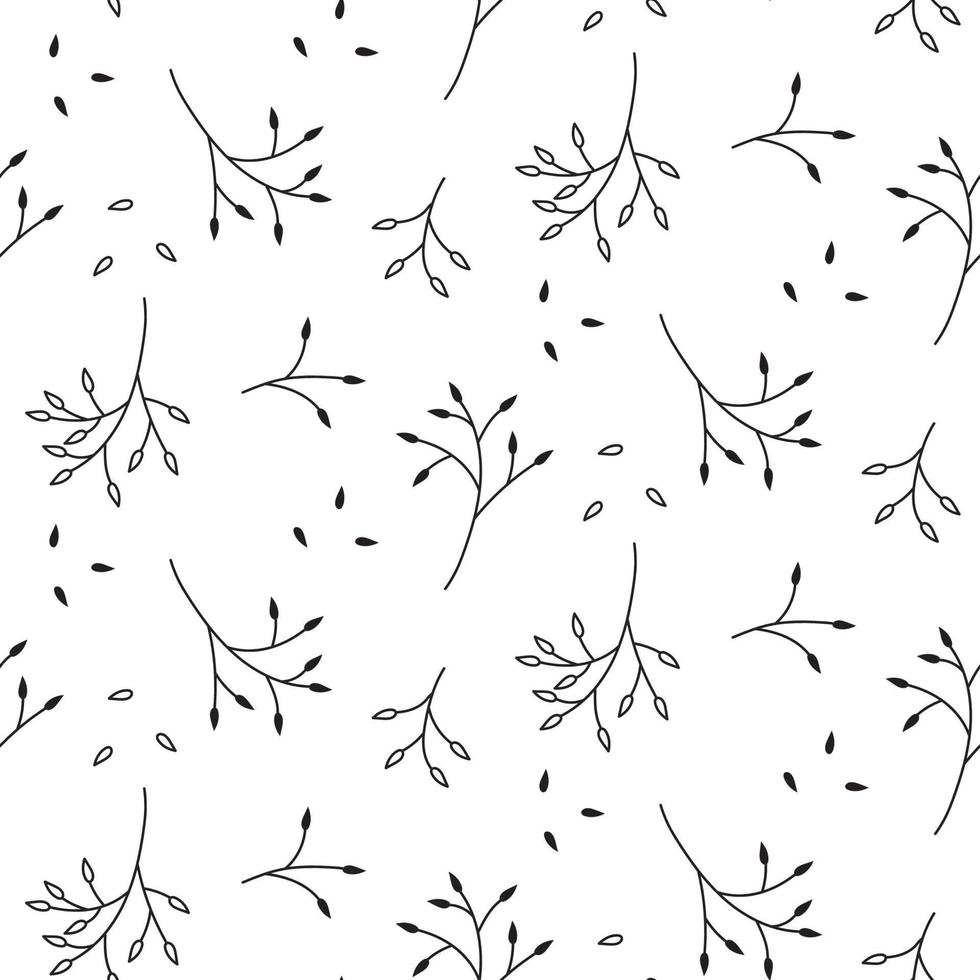 Seamless botanical pattern with hand drawn branches and leaves on white. Abstract floral texture. Wrapping paper vector