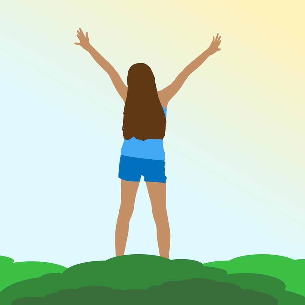 A girl in nature with her hands raised in joy. vector illustration of freedom