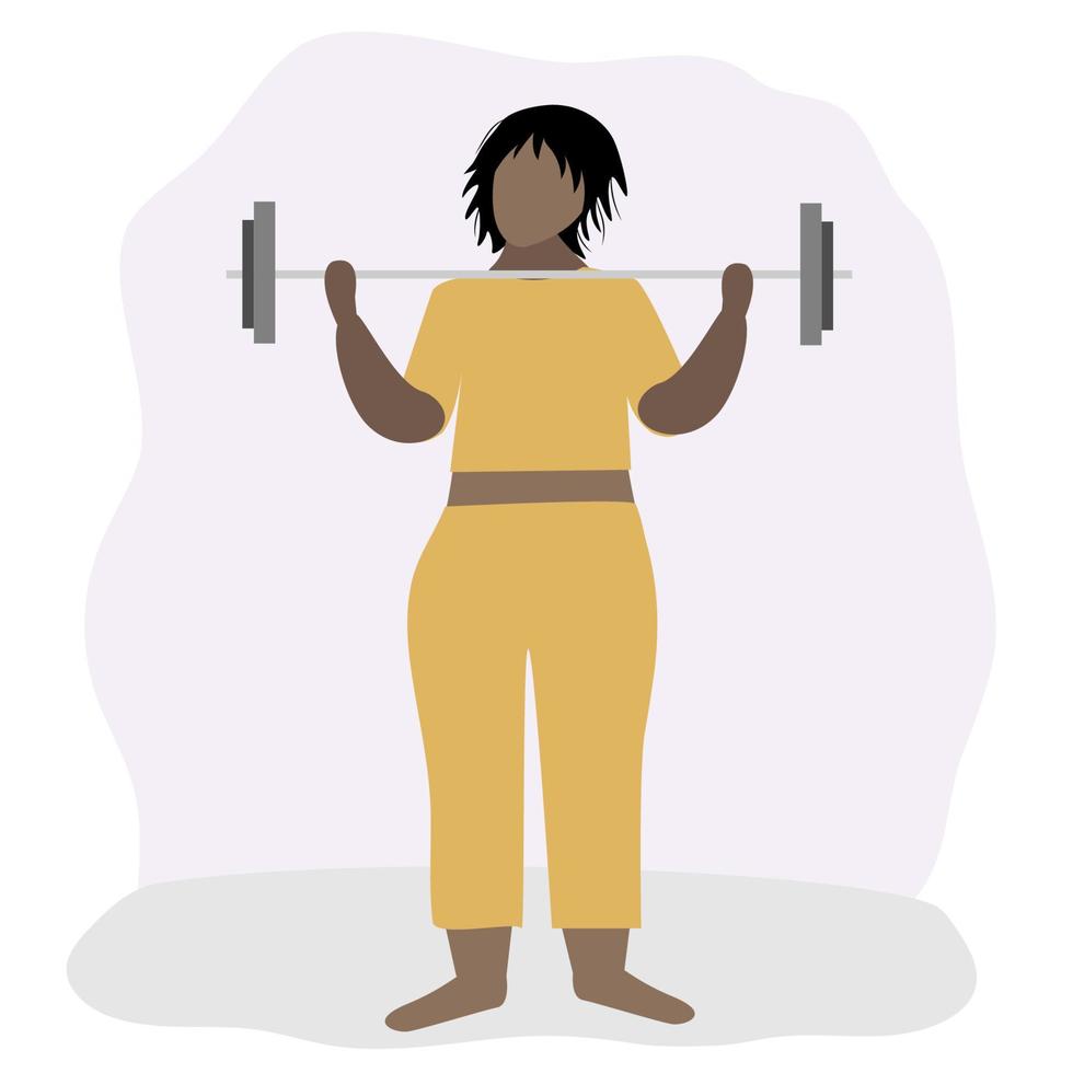 mujer gorda de talla grande con barra negra fuerte en linda ropa deportiva. ejercicio. deportes en casa. ejercicios. vector