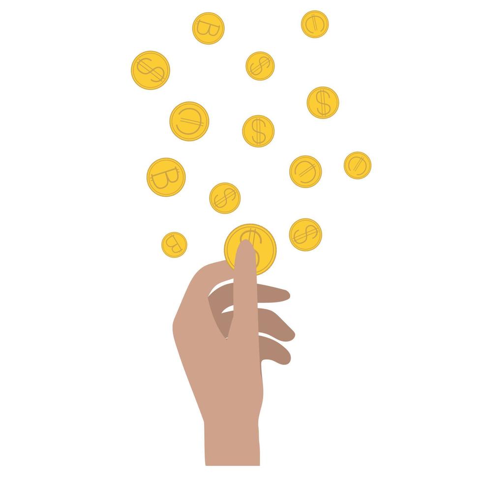 A hand holding a dollar coin. Rain of money. Tossed dollar, euro, bitcoin coins vector