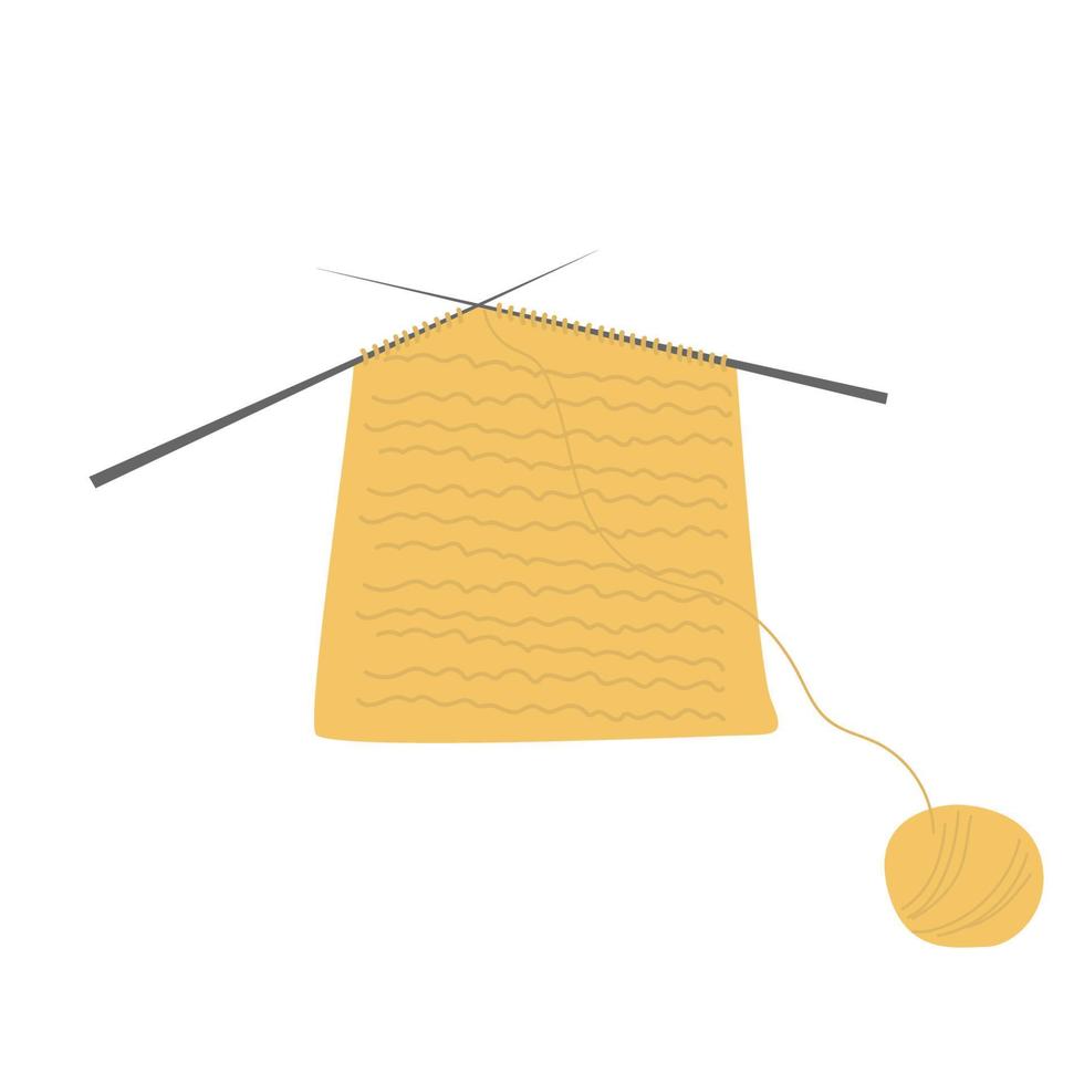 Knitted fabric on knitting needles from clew of yellow threads. Needlework, hobbies and leisure vector