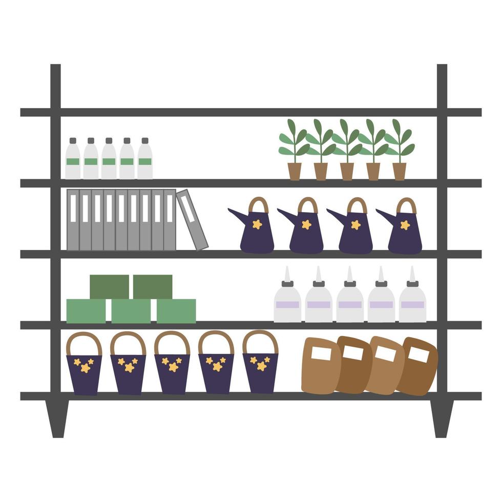 Rack with goods in the store. Shelves department supermarket garden. Goods for indoor plants vector