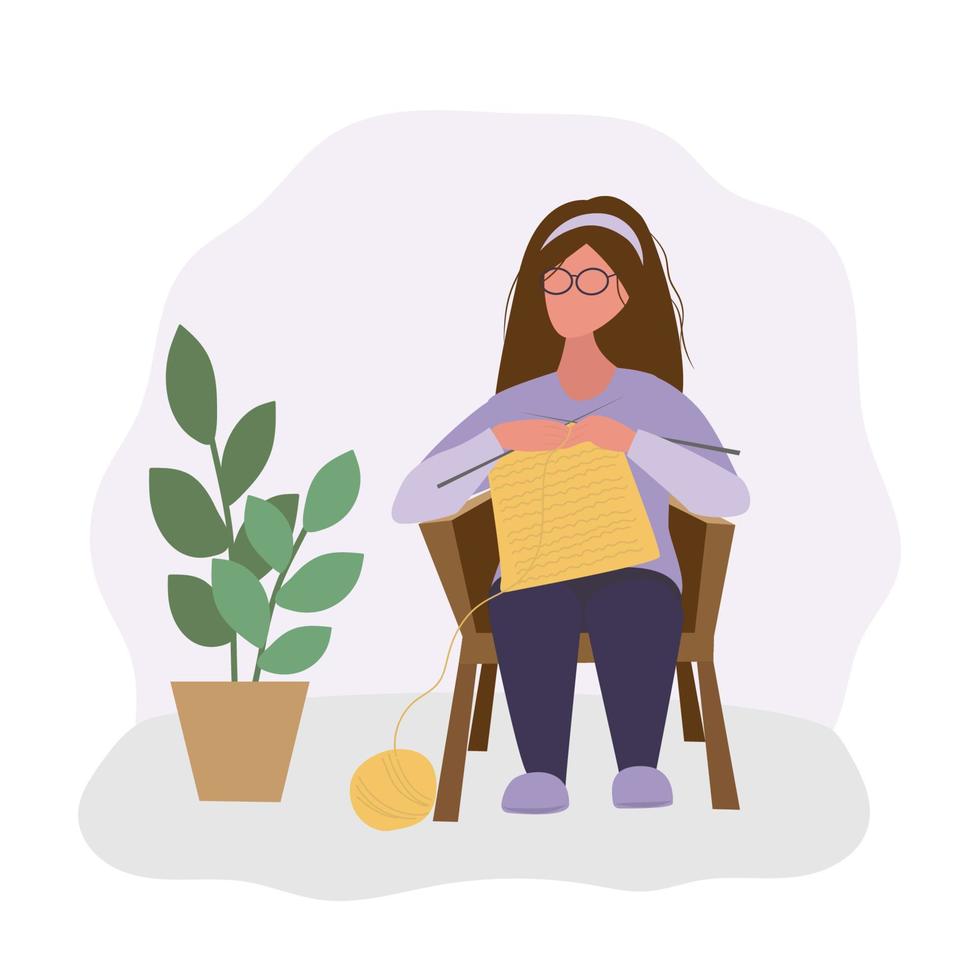 The girl sits in a chair and knits. A needlewoman at work. Hobby and leisure vector