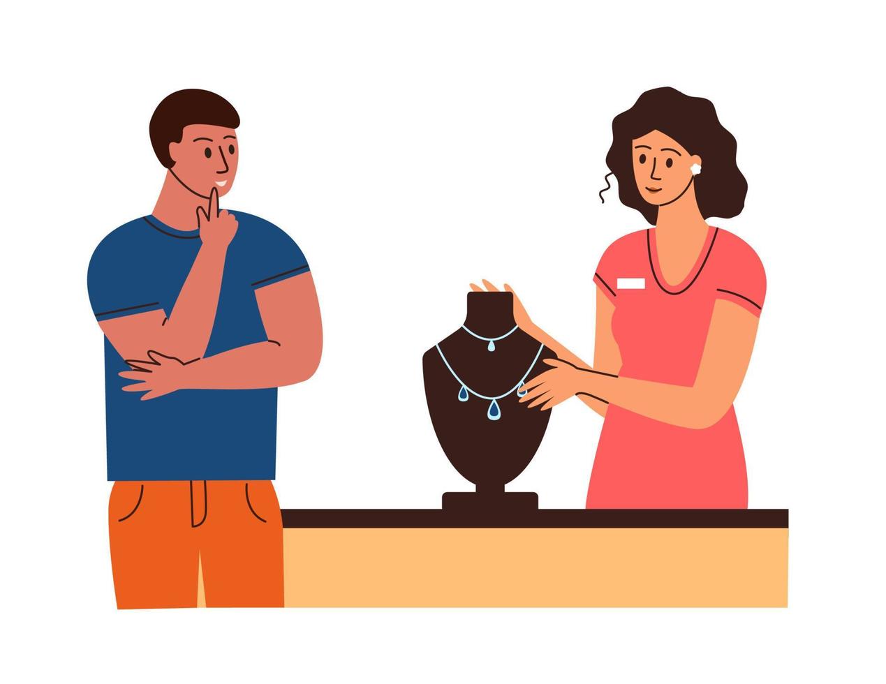 A man buys jewelry in a store. Precious Jewelry concept. vector