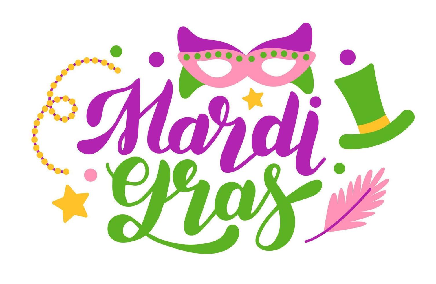 mardi gras, hermosas letras escritas con elegante fuente caligráfica o guión y decoradas con máscaras, sombrero, plumas. vector