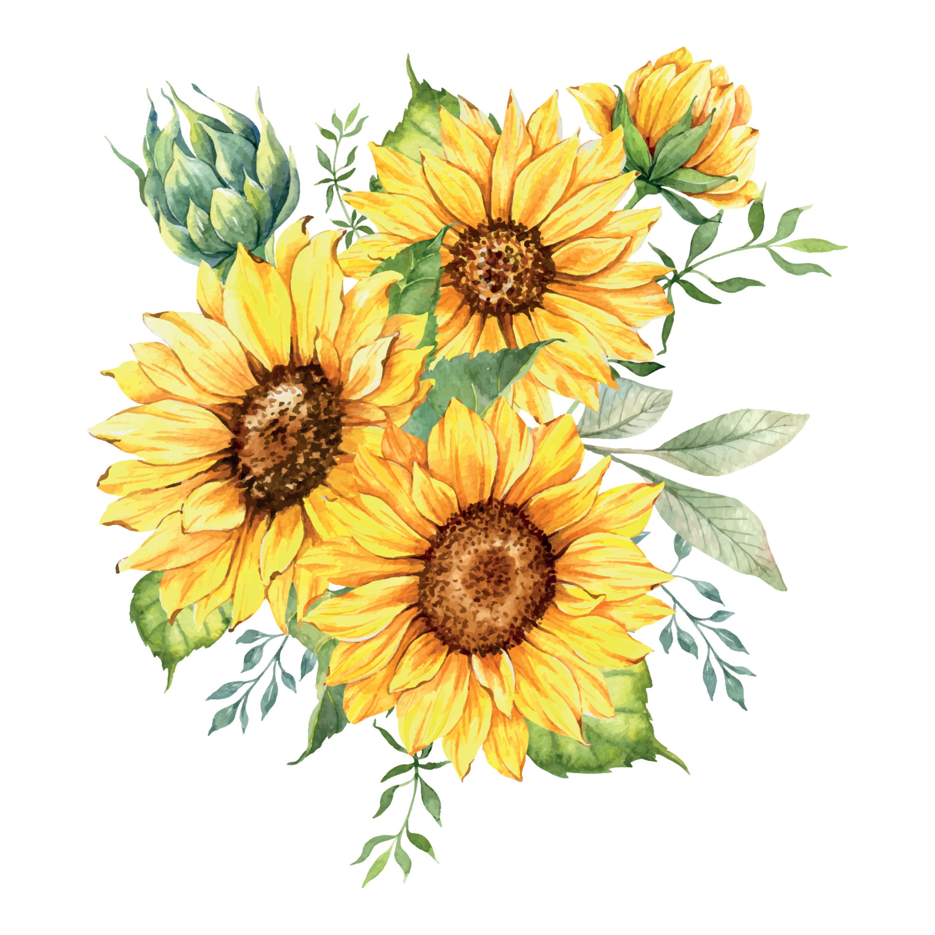 Watercolor sunflowers bouquet, hand painted sunflower bouquets with