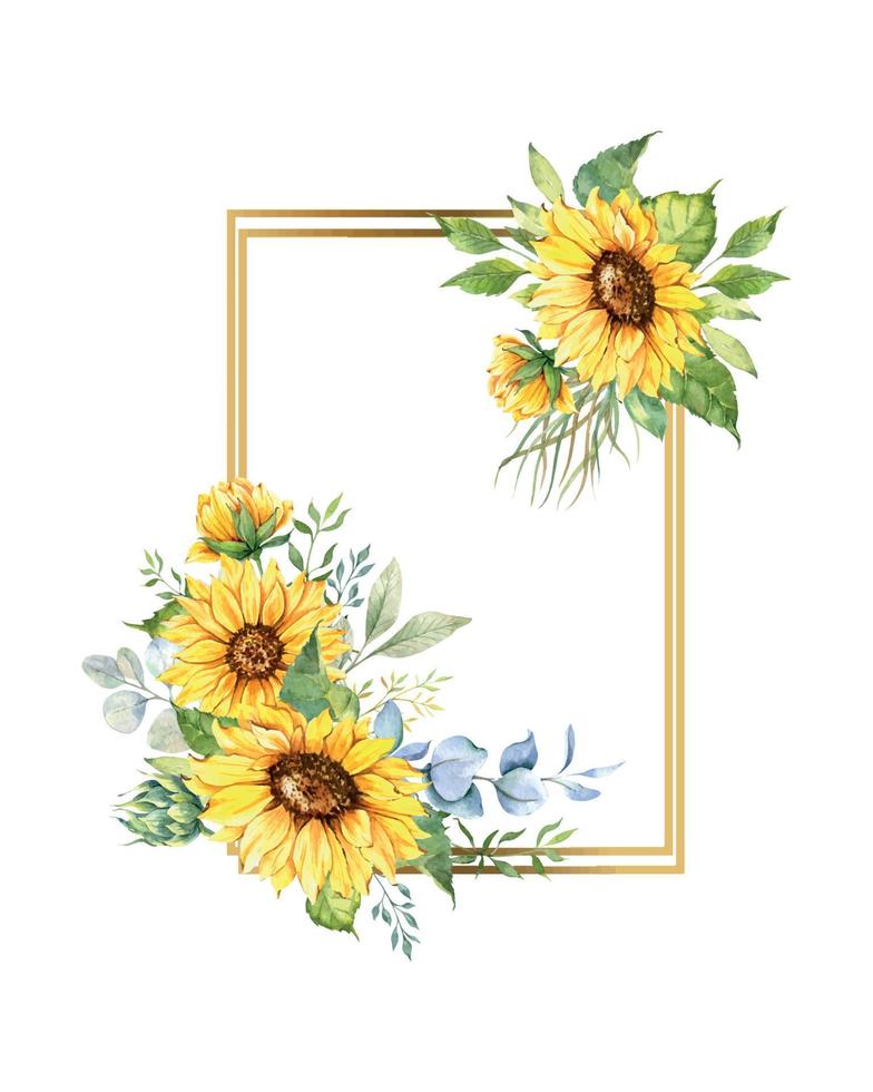 Geometric Floral Frames with Sunflowers and Leaves. Watercolor sunflower frame. White background. Watercolor floral. Botanical Drawing. vector