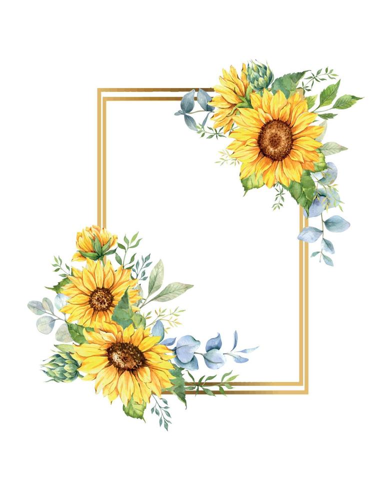 Geometric Floral Frames with Sunflowers and Leaves. Watercolor sunflower frame. White background. Watercolor floral. Botanical Drawing. vector