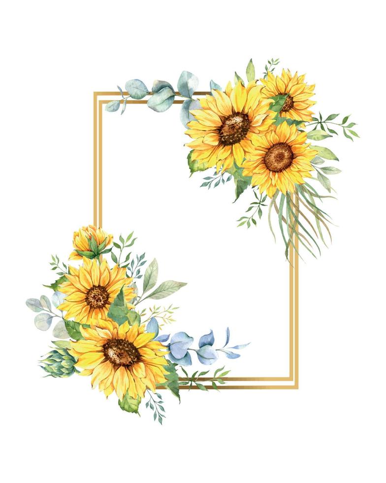 Geometric Floral Frames with Sunflowers and Leaves. Watercolor sunflower frame. White background. Watercolor floral. Botanical Drawing. vector