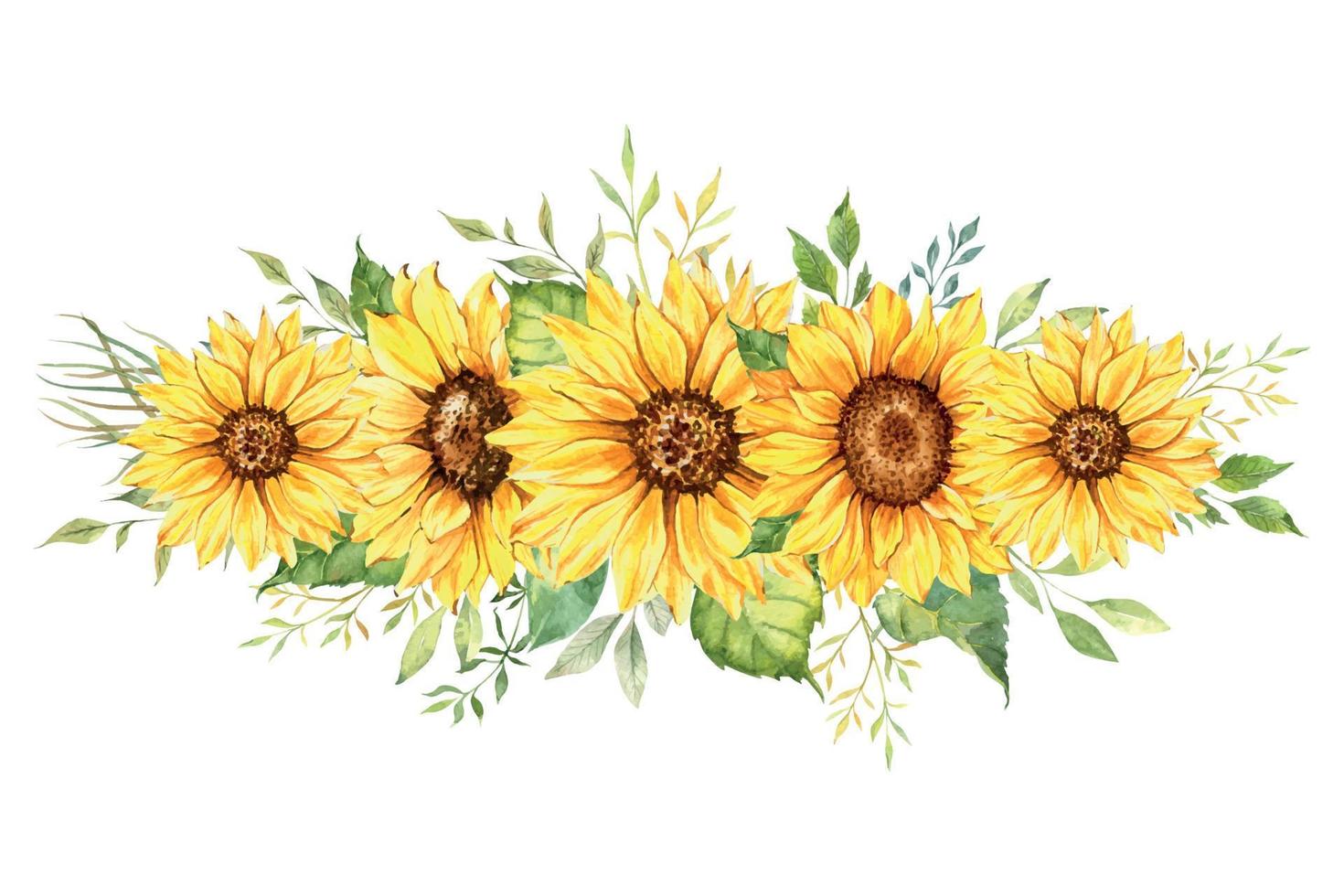 ramo de girasoles acuarela, ramos de girasol pintados a mano con vegetación, arreglo floral de girasol. elementos de imágenes prediseñadas de invitación de boda. acuarela floral. dibujo botánico. Fondo blanco. vector