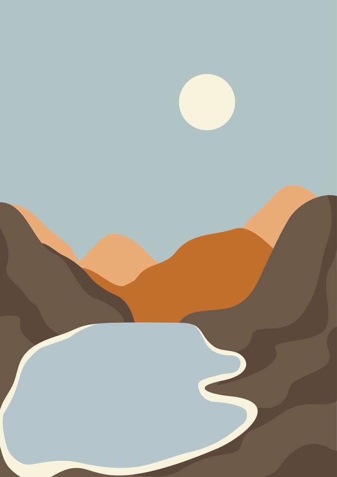 cartel de ilustración de paisaje nocturno de lago y montaña. ilustración vectorial moderna de mediados de siglo con colinas dibujadas a mano. diseño contemporáneo de moda. decoración de arte de pared. vector