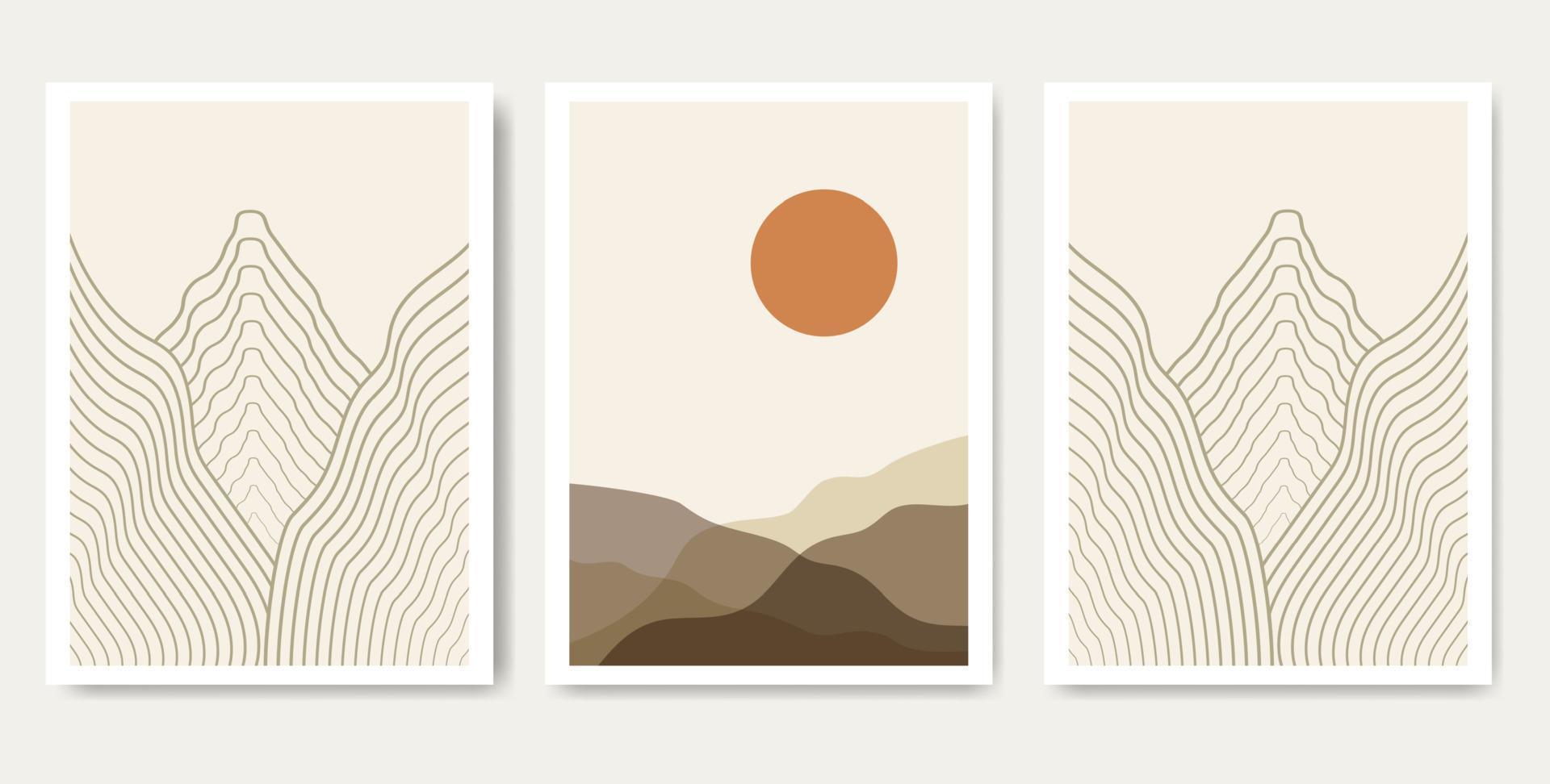 Abstract aesthetic landscape posters. Modern boho background set with sun and stripes mountains vector