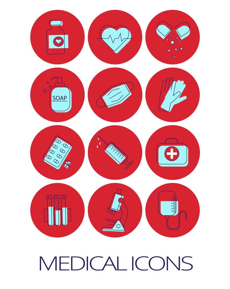 conjunto de iconos planos de herramientas médicas y equipos de atención médica, investigación científica y servicio de tratamiento de salud vector