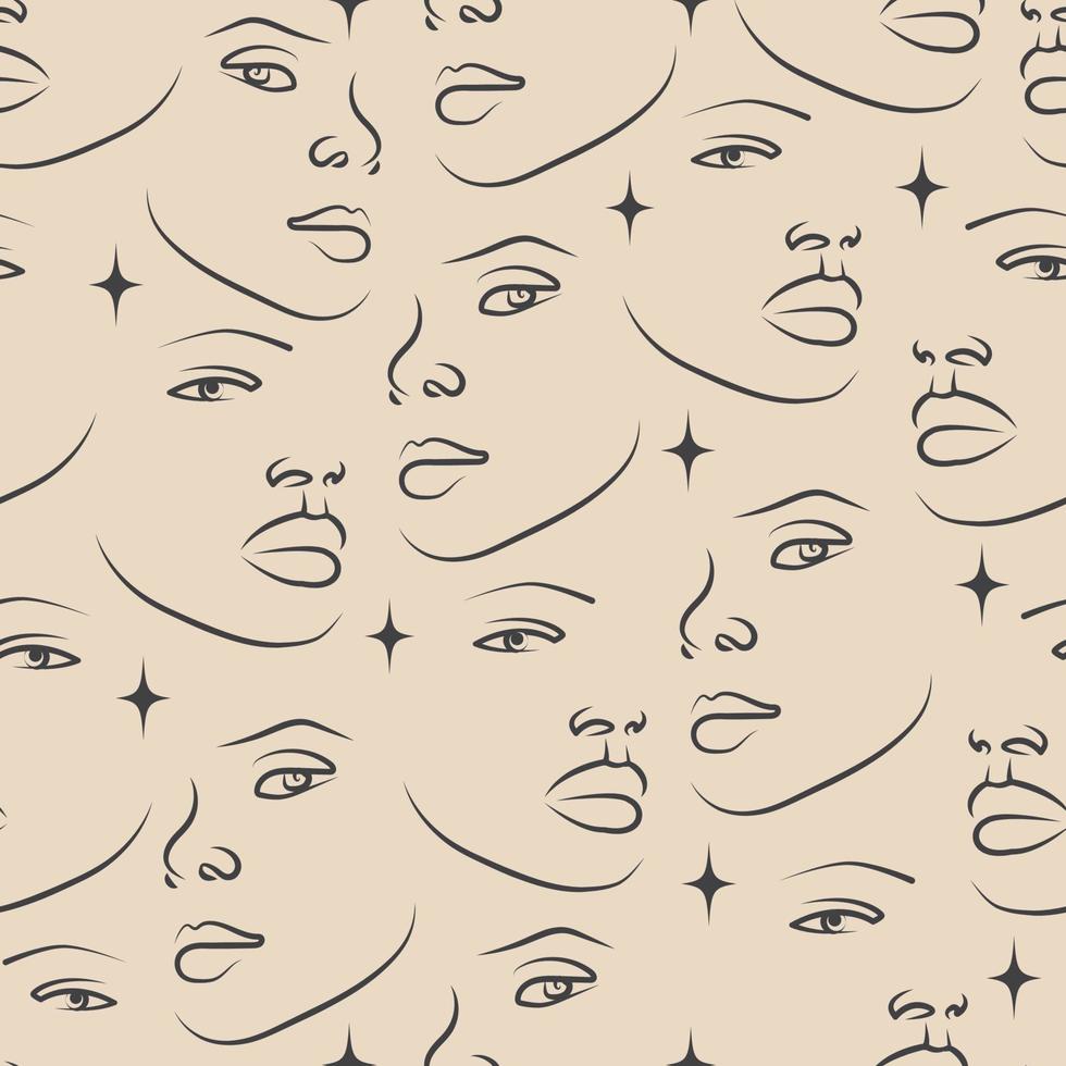 Doodle line face and stars drawing illustration. Modern fashionable pattern. Minimalist abstract aesthetic style vector