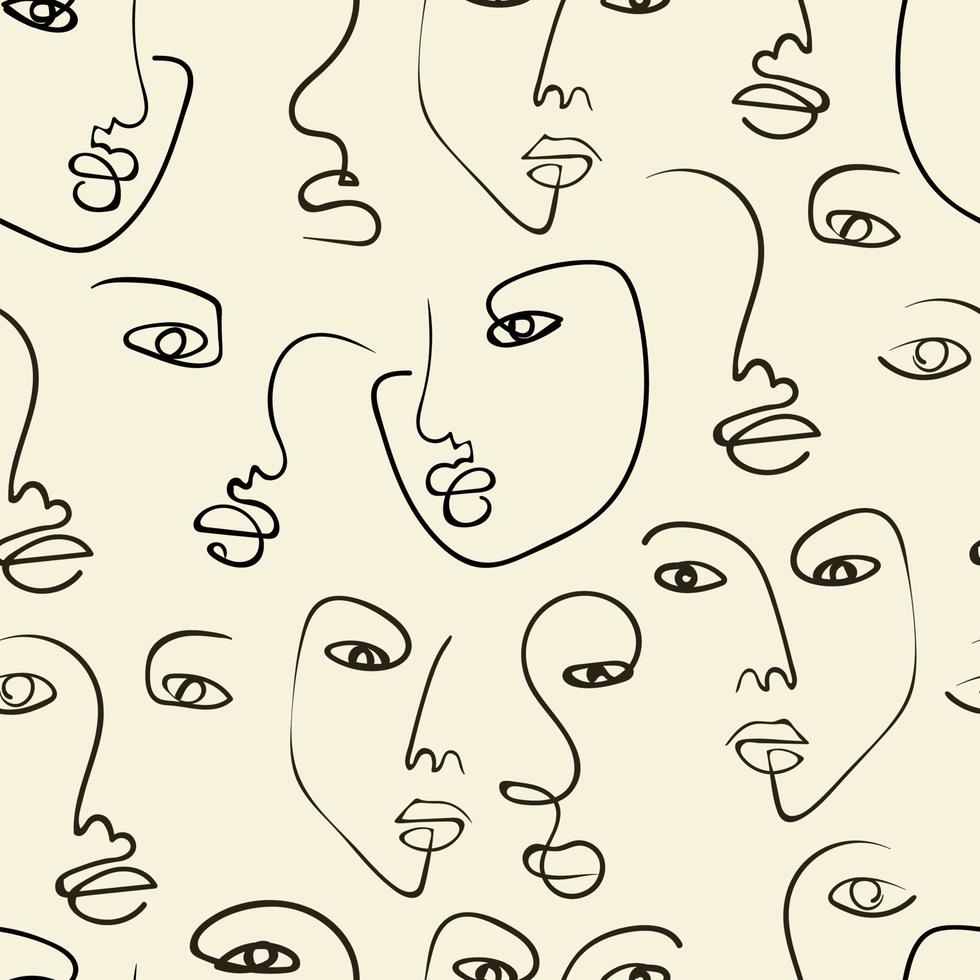 Continuous line, drawing of faces, fashion minimalist concept, vector illustration. Modern fashionable pattern. Minimalist abstract aesthetic style