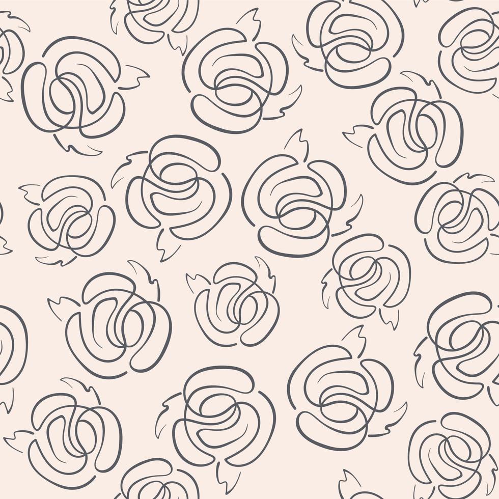 Vector flower linear seamless background, roses and leaves, doodle pattern, hand drawn style