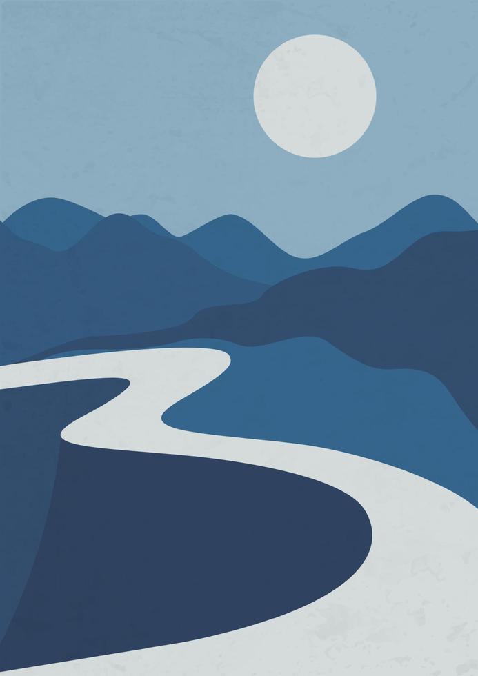 paisaje estético vectorial con montañas y afiche de carretera. decoración de impresión nocturna de arte de pared boho. arte y diseño minimalista moderno de mediados de siglo vector