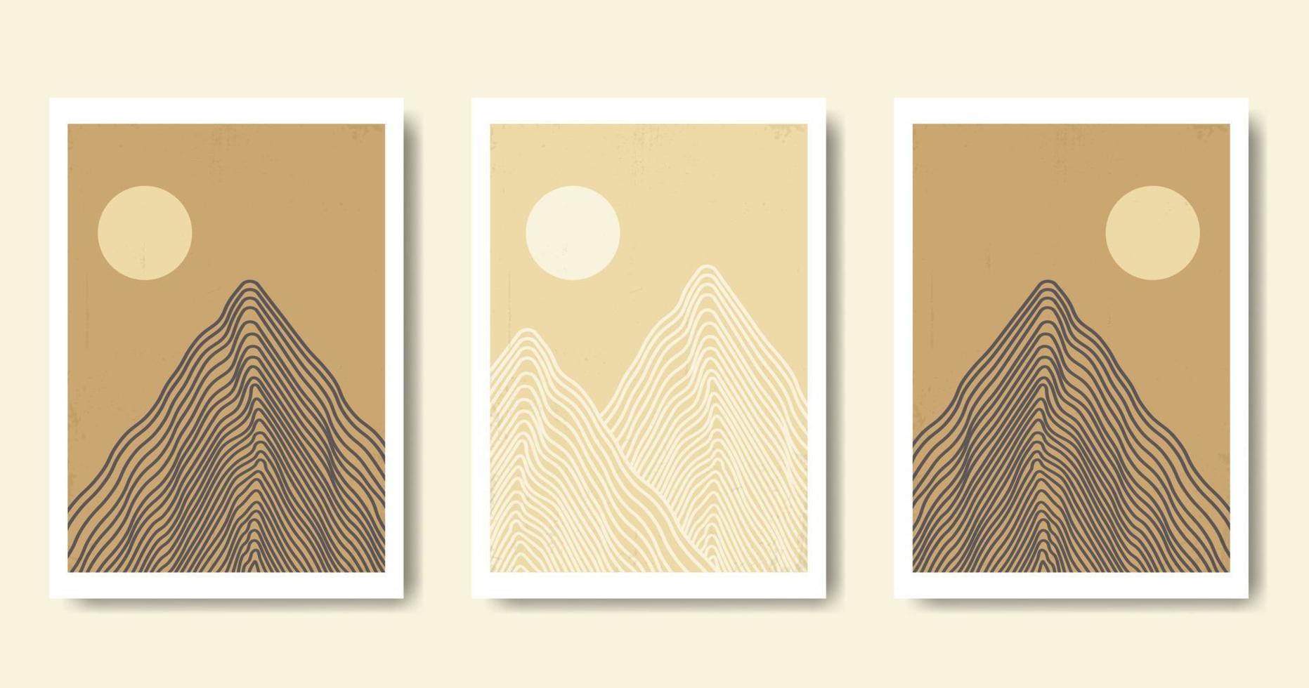 conjunto de moda de paisaje minimalista collage contemporáneo abstracto, montañas y diseño de carteles de arte de pared de puesta de sol vector