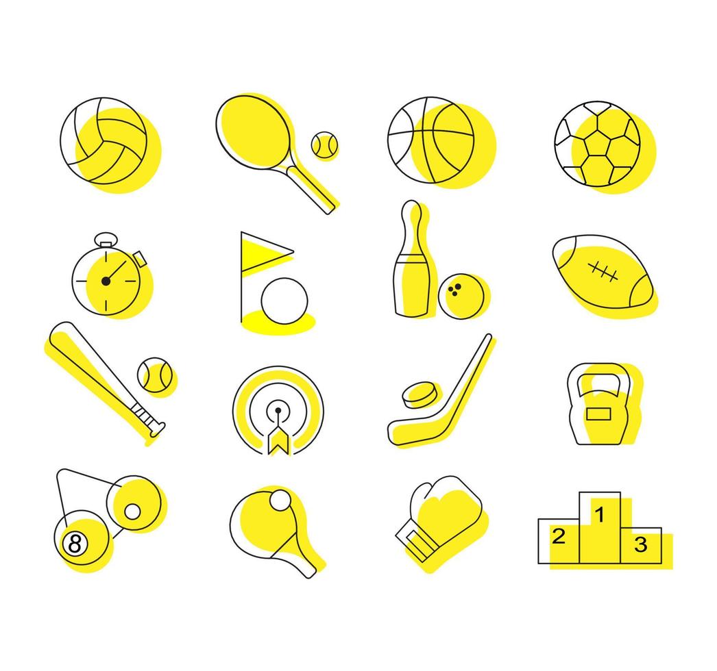 Sports set icons. Flat vector illustration in black on white background. EPS 10 ball weight tennis podium billiards rugby bowling baseball football basketball stopwatch