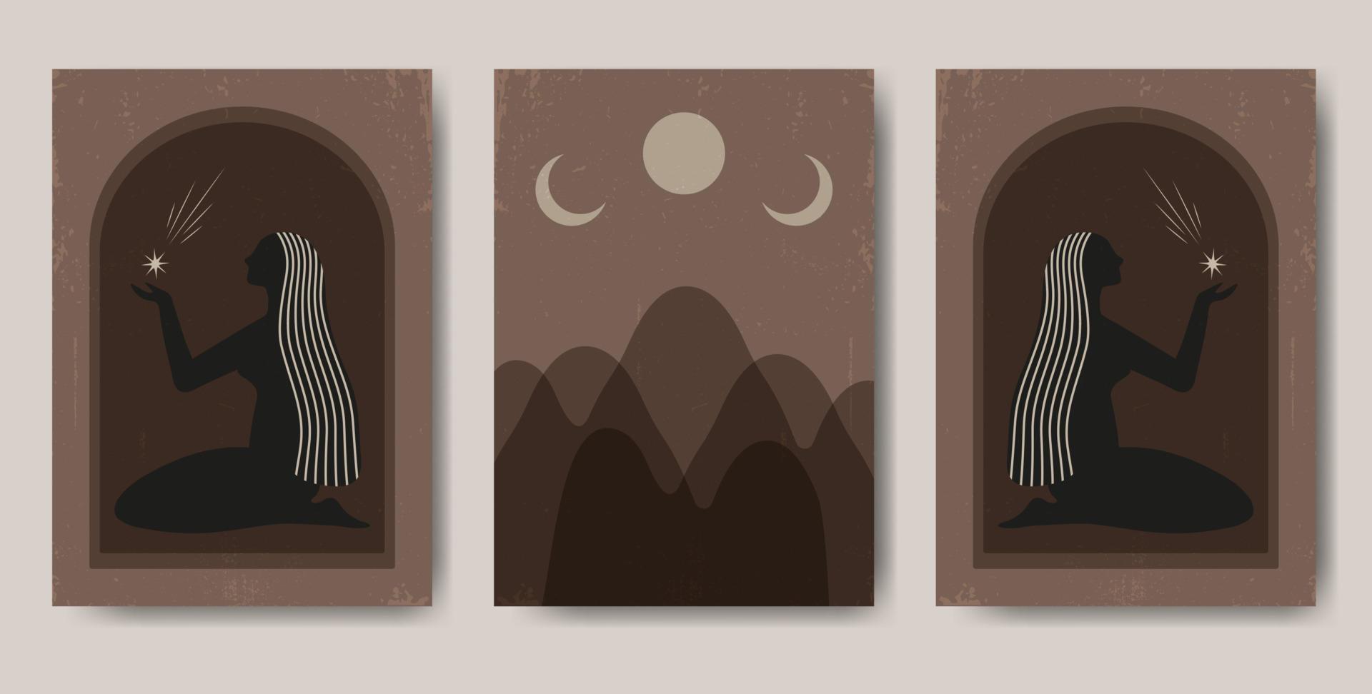 Ilustración estética de astrología mística minimalista moderna. hermoso conjunto de estampado bohemio. colección de carteles artísticos contemporáneos. vector