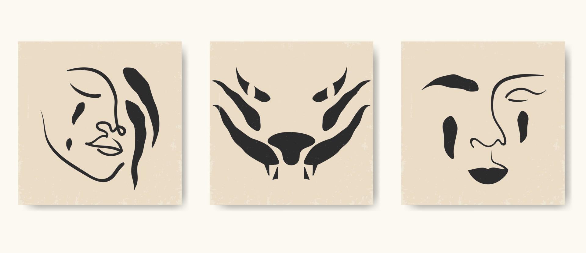 conjunto de plantillas de tinta creativa con ilustración de dibujo de una línea. formas geométricas, hojas, cara de tigre, silueta femenina vector