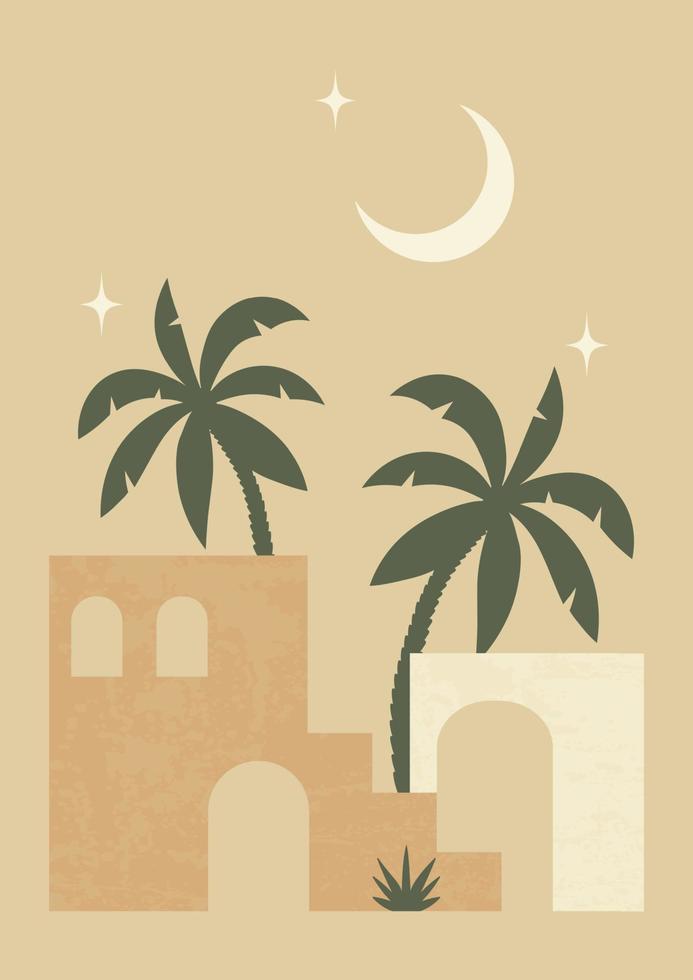 Morocco architecture in moon poster illustration. Modern aesthetic illustrations. Boho style artistic design for wall decoration vector