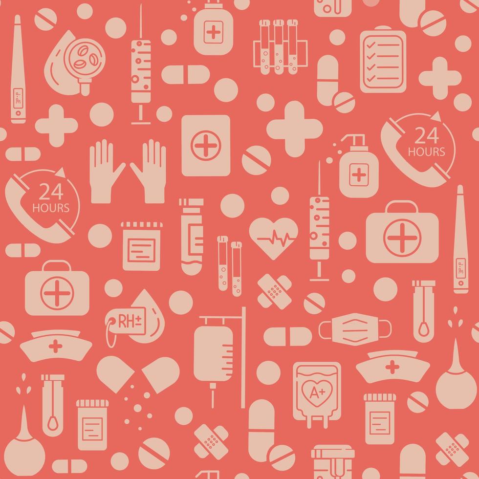 Seamless pattern with vector medical Icons in flat style. Medical white icons on red background for your design