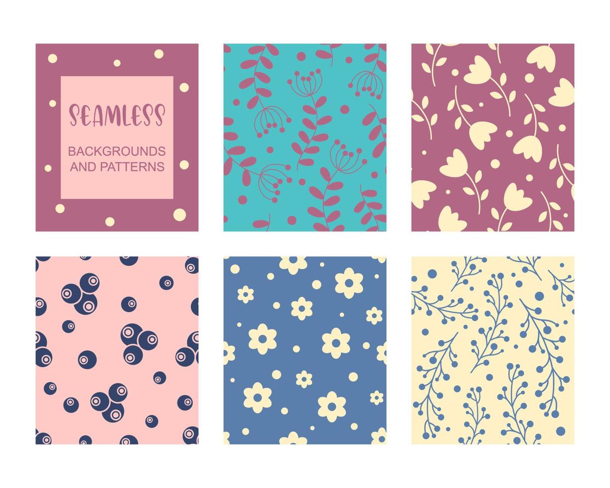 Trendy seamless patterns set. Cool abstract and floral design. For fashion fabrics, kid s clothes, home decor, quilting, T-shirts, cards and templates, scrapbooking etc. Vector illustration