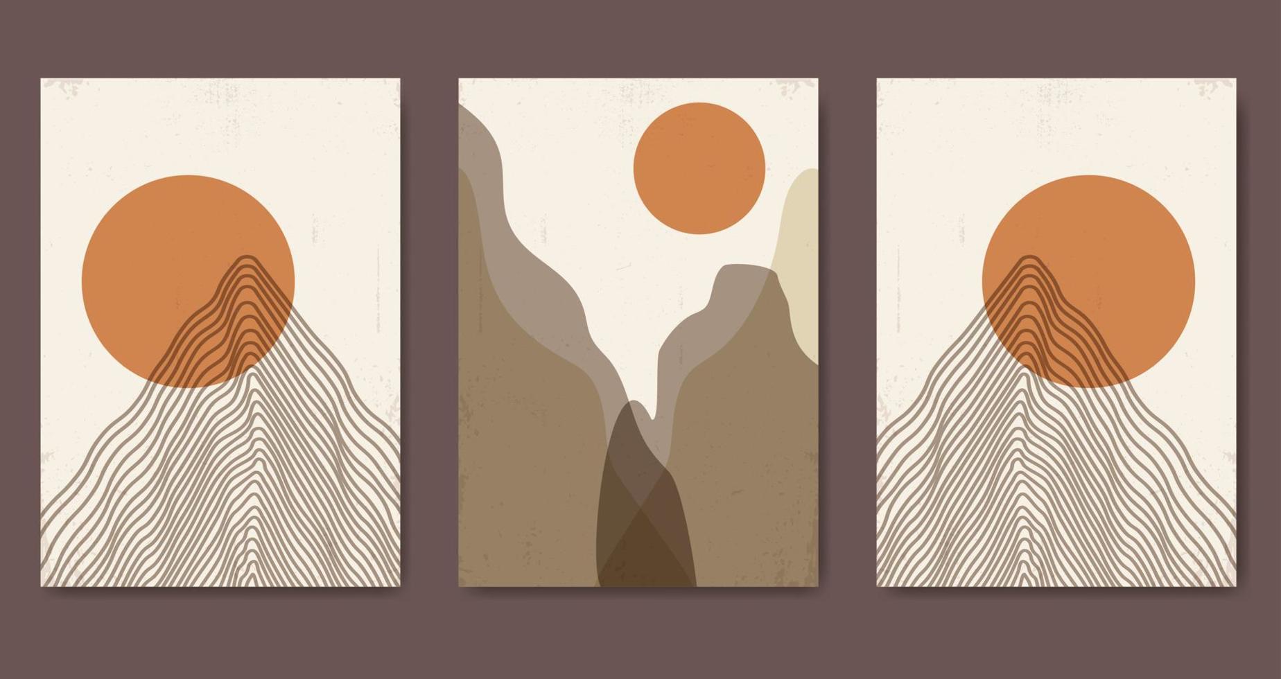 Abstract contemporary mountain landscape posters. Modern boho background set with sun moon mountains, minimalist wall decor. Vector art print