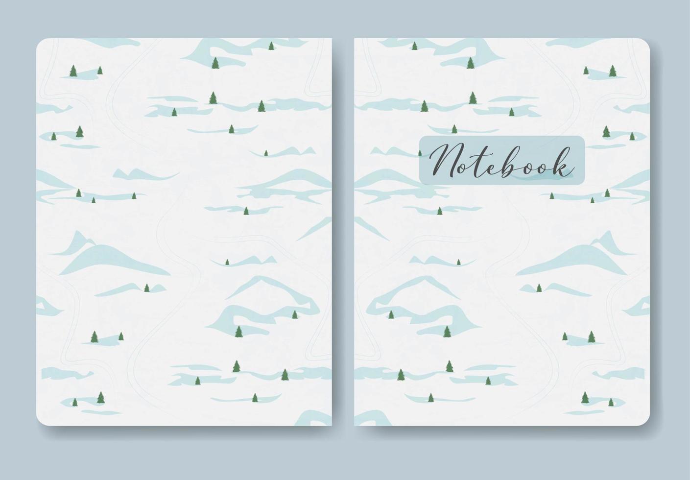 Notebook cover with winter snowy hills landscape illustration. Vector art print. Applicable for planner and notebooks, first and last a5 page.