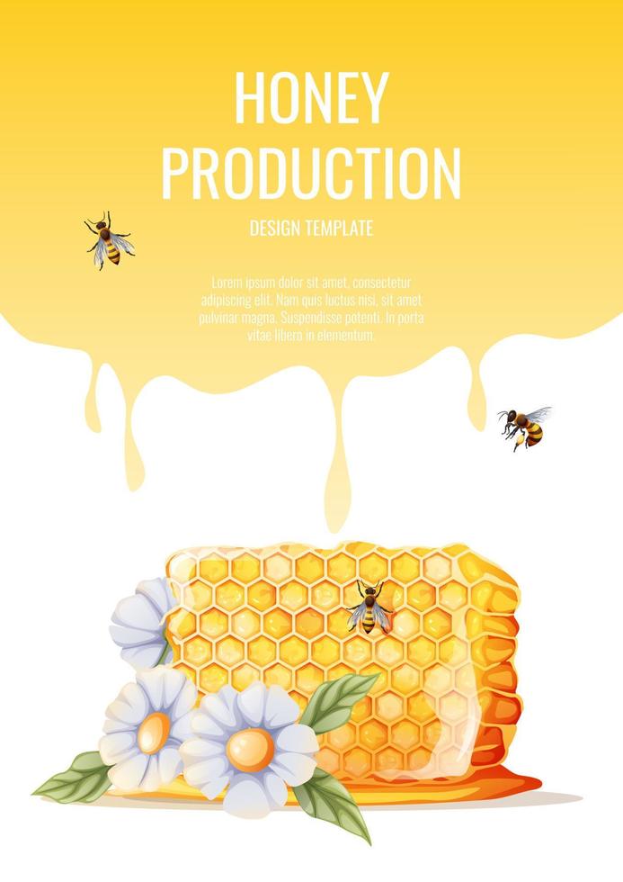 Flyer design, advertising banner with bee honeycomb.  Honey shop, healthy and sweet products. Vector illustration of poster in a4 size for flyer, banner, postcard, poster, etc.