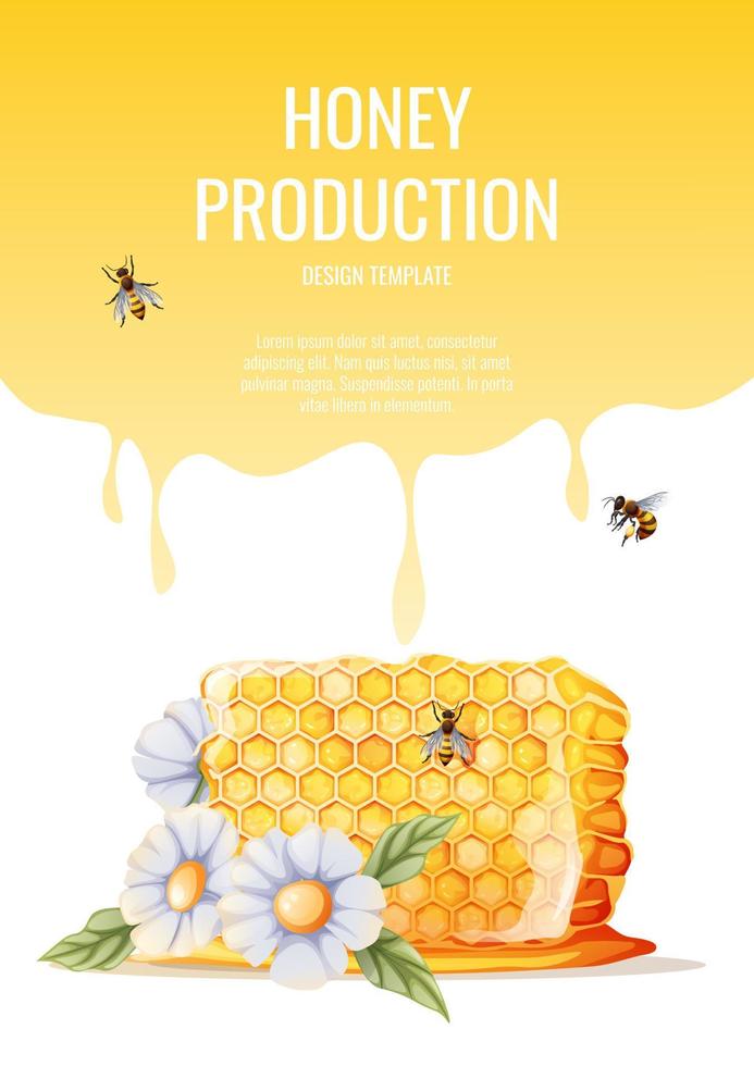 diseño de volante, banner publicitario con panal de abeja. tienda de miel, productos saludables y dulces. ilustración vectorial del afiche en tamaño a4 para volante, pancarta, postal, afiche, etc. vector