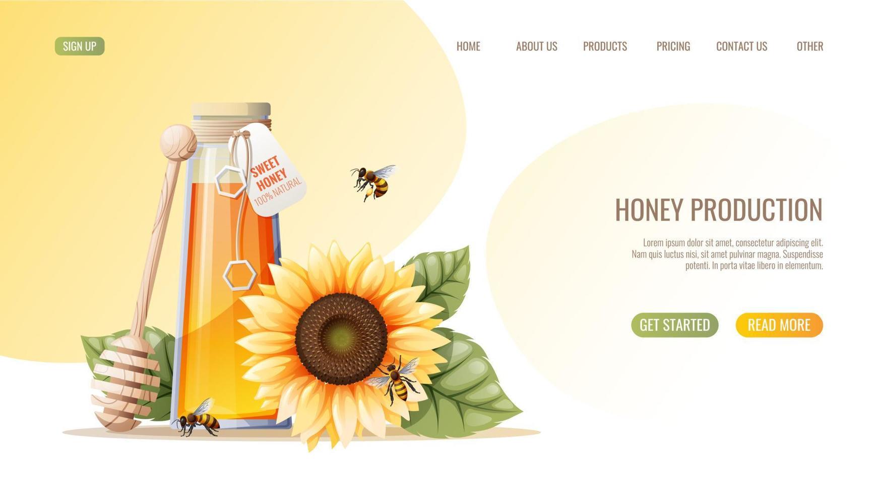 Honey products. Honey jar, sunflower, bees. Honey shop webpage design template. Vector illustration for banner, advertisement, web page, cover