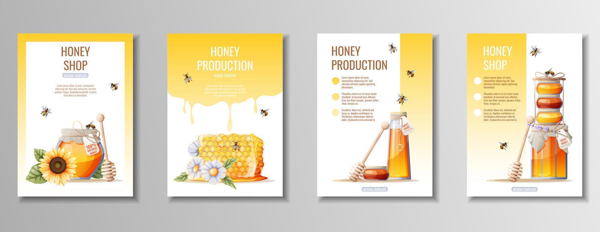 Set of flyers design, advertising banner with a natural useful product-honey. Honey shop, healthy and sweet products. Vector illustration of poster in a4 size for flyer, banner, postcard, poster, etc.