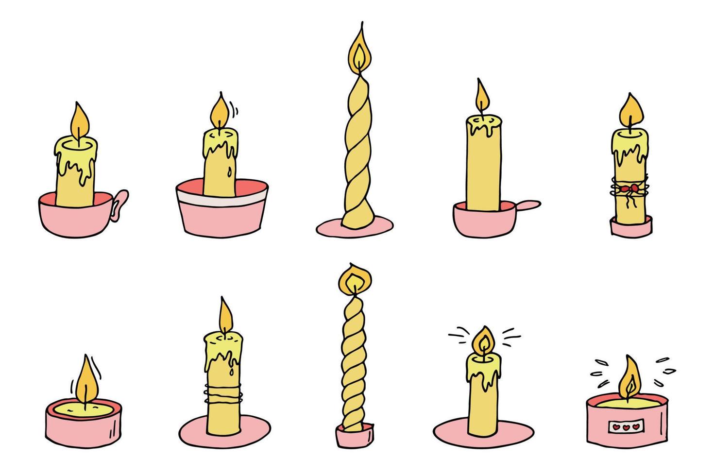 juego de velas encendidas. ilustración de garabato clipart dibujado a mano para tarjeta, logotipo, diseño vector