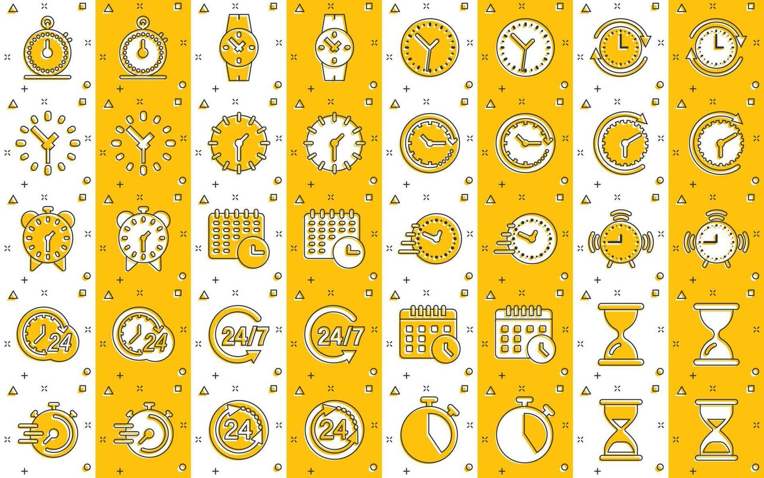 Time icon set in comic style. Agenda clock cartoon vector illustration on white isolated background. Sandglass, wristwatch timer splash effect business concept.