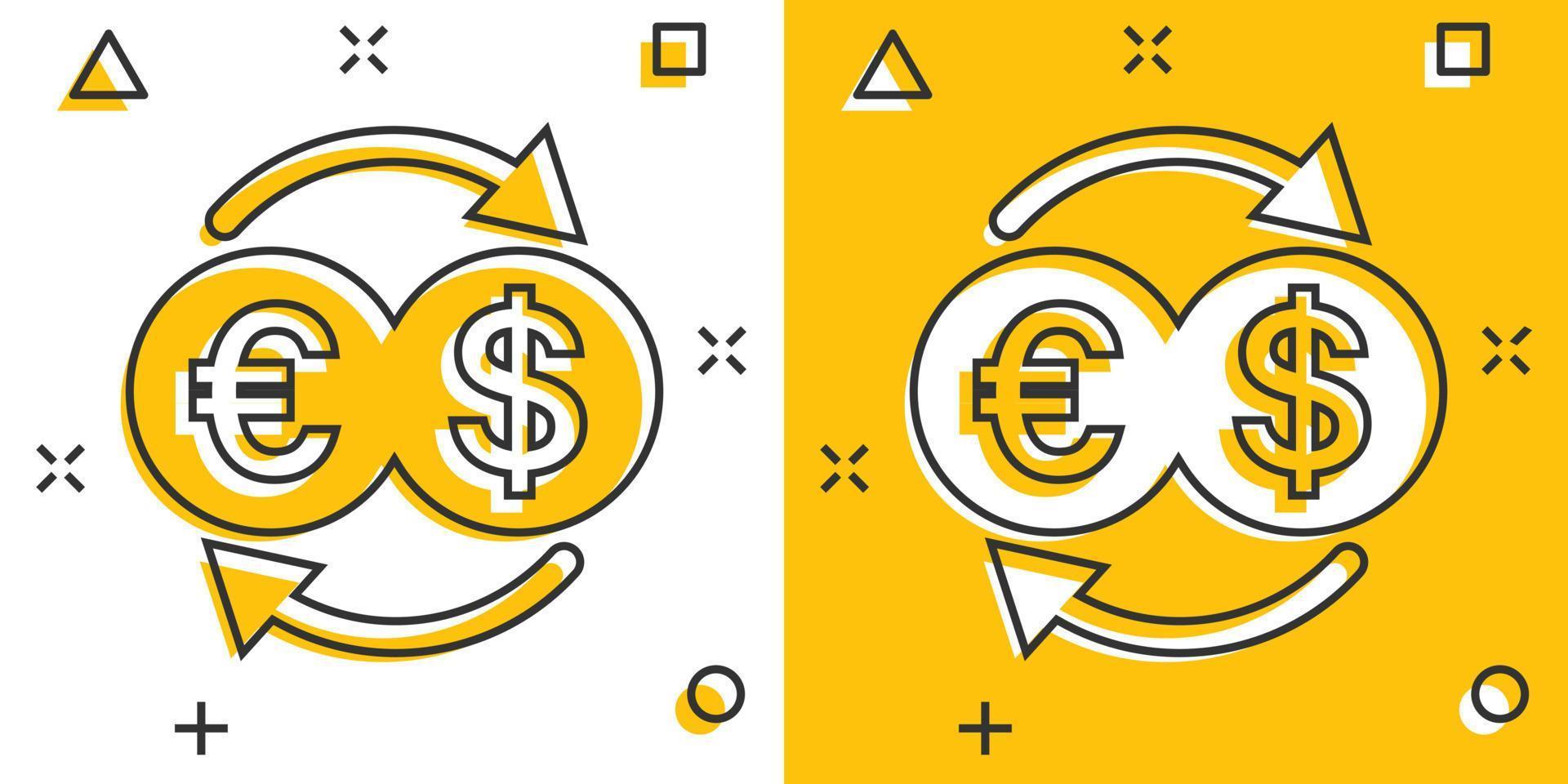 Currency exchange icon in comic style. Dollar euro transfer cartoon vector illustration on white isolated background. Financial process splash effect business concept.