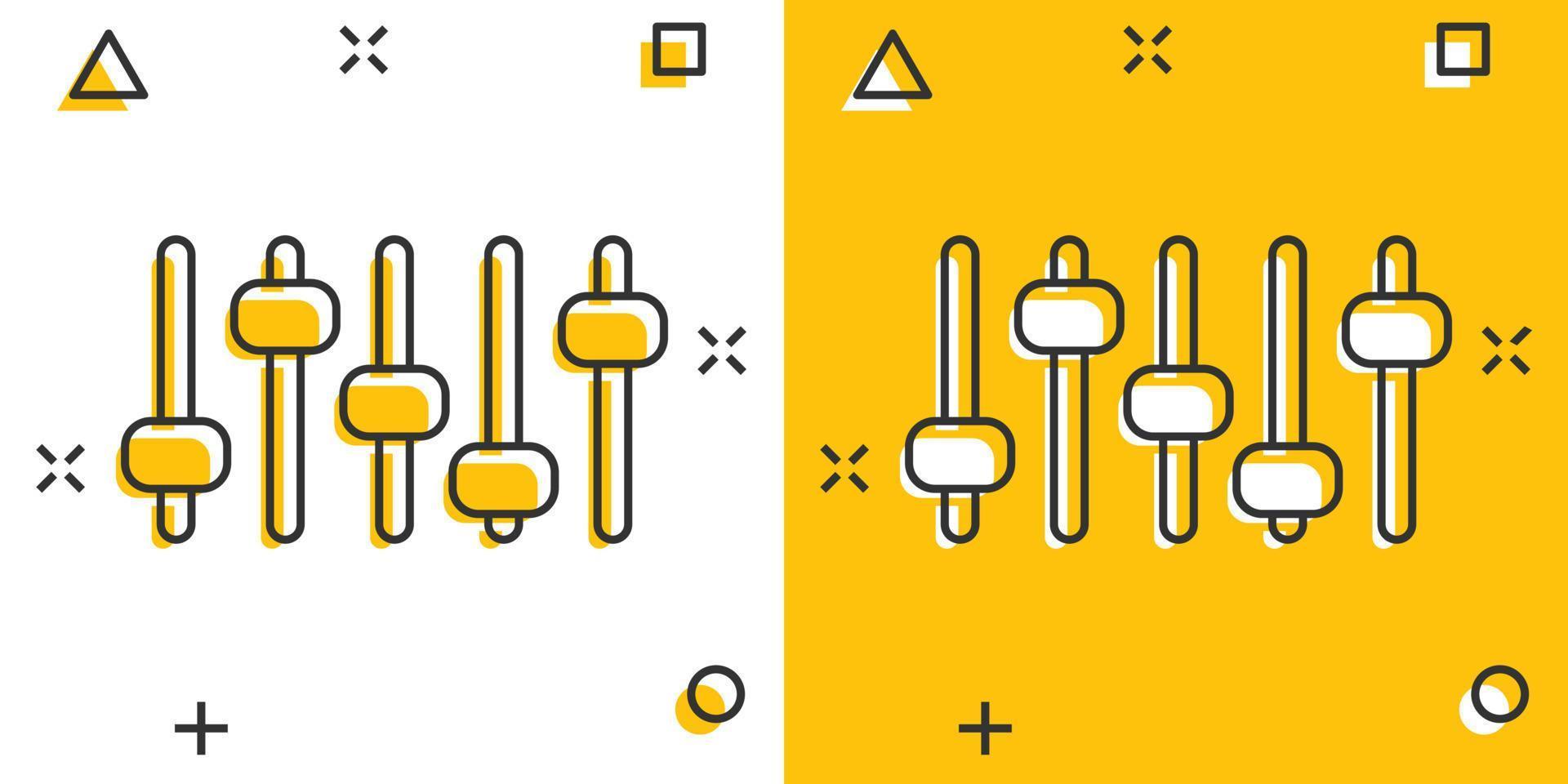 icono de volumen de control en estilo cómico. Ilustración de vector de signo de dibujos animados de ajuste de audio sobre fondo blanco aislado. concepto de negocio de efecto de salpicadura de filtro.