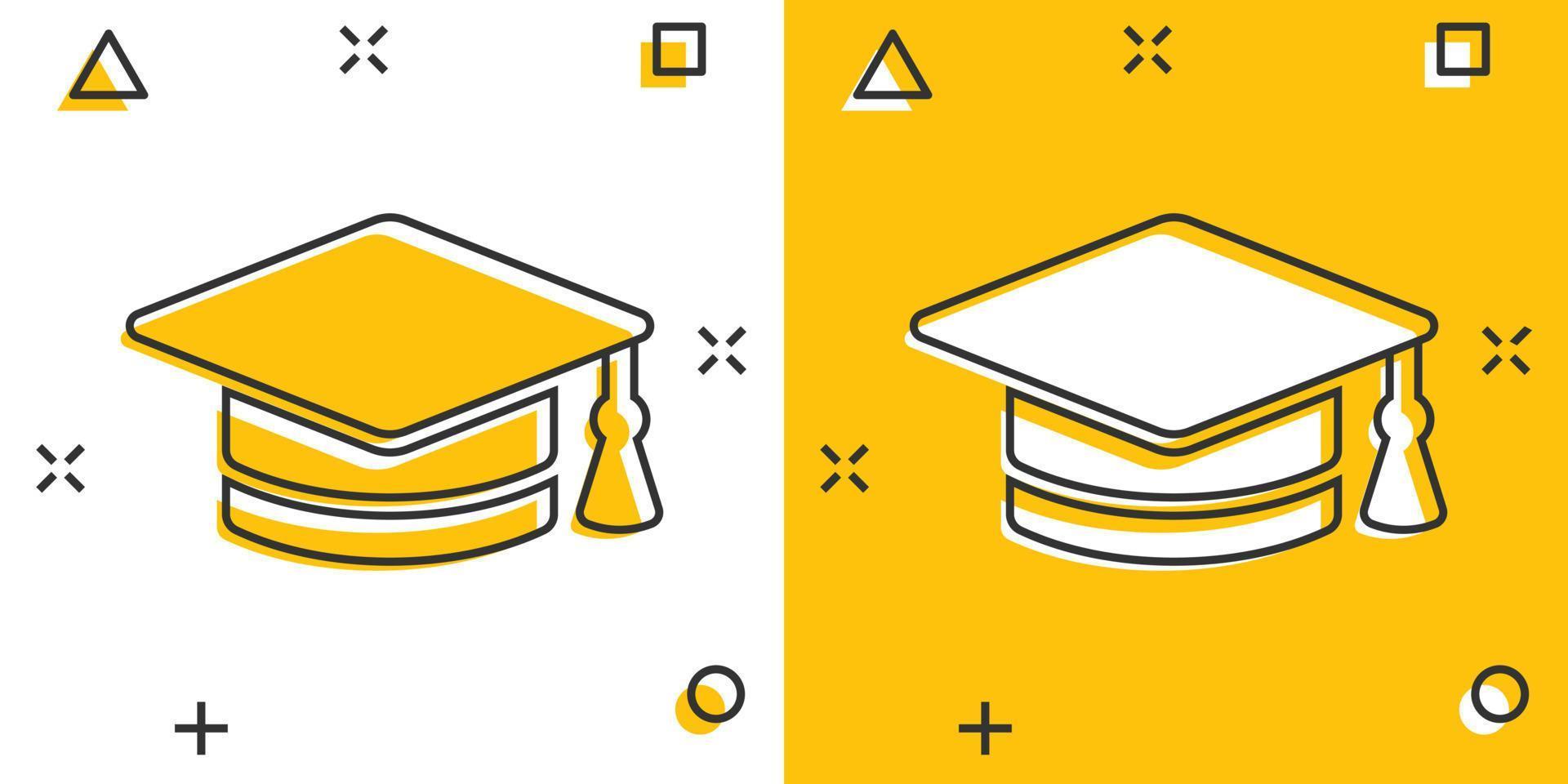 Graduation hat icon in comic style. Student cap cartoon vector illustration on white isolated background. University splash effect business concept.