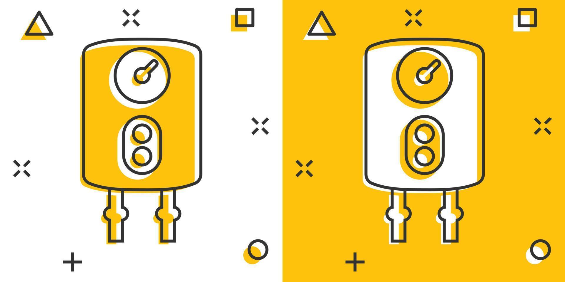 Gas boiler icon in comic style. Heater cartoon vector illustration on isolated background. Boiling splash effect sign business concept.
