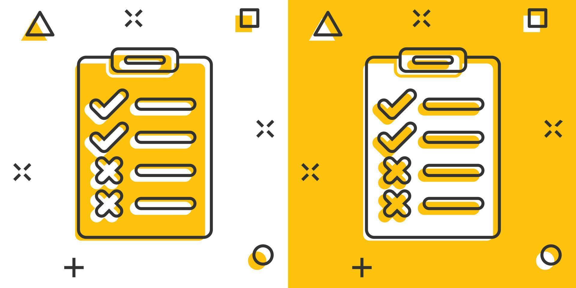 Document checklist icon in comic style. Report cartoon vector illustration on white isolated background. Paper sheet splash effect business concept.