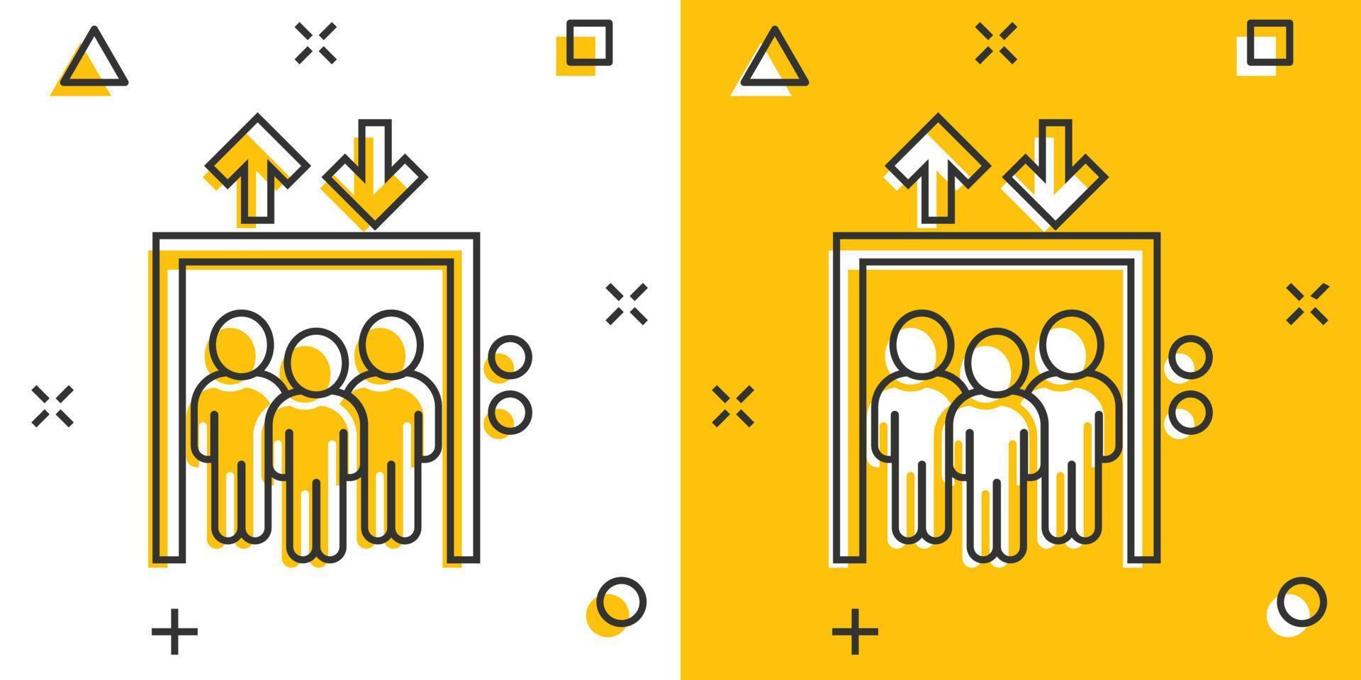 Elevator icon in comic style. Lift cartoon vector illustration on white isolated background. Passenger transportation splash effect business concept.