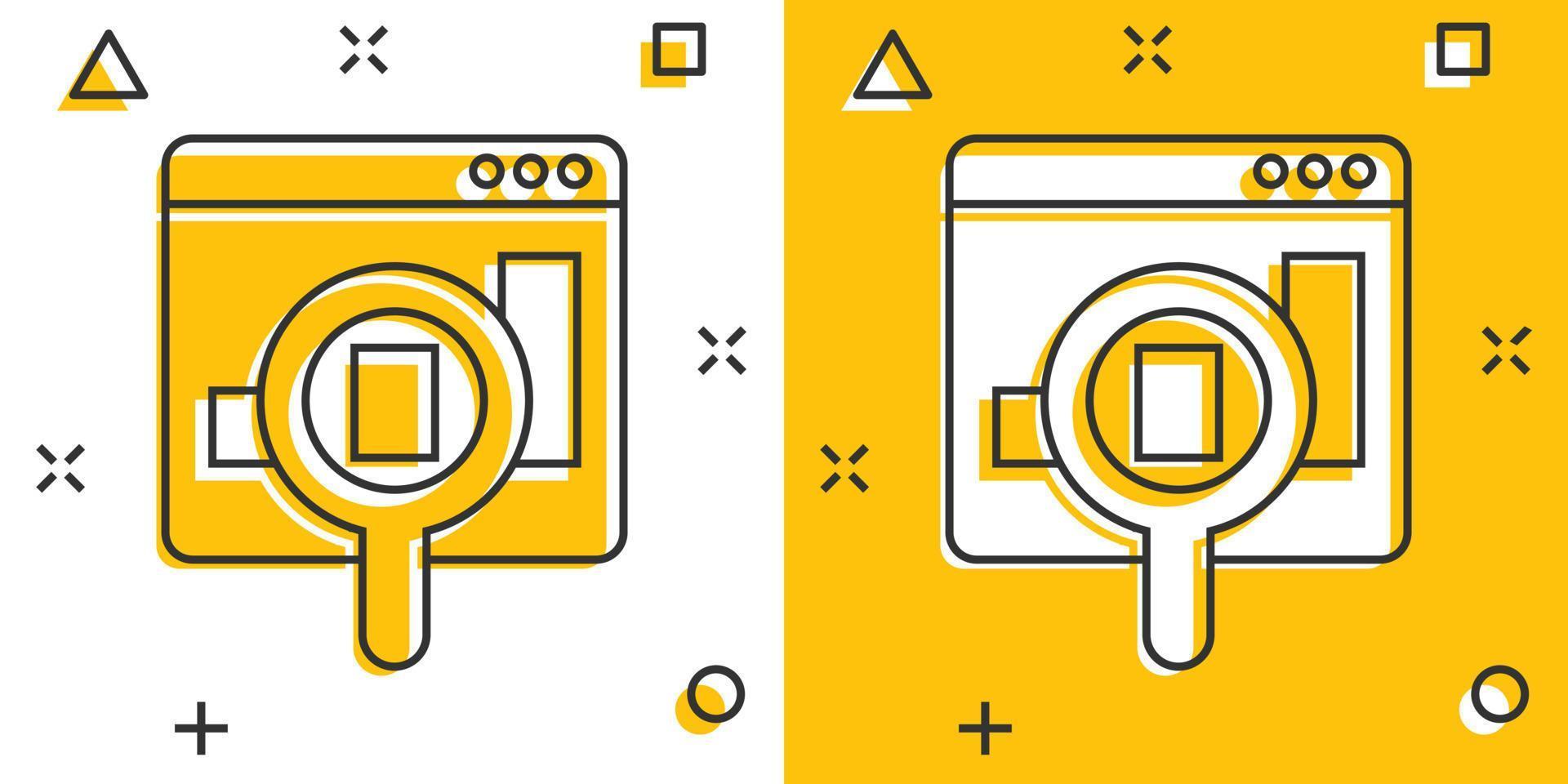 Market trend icon in comic style. Growth arrow with magnifier cartoon vector illustration on white isolated background. Increase splash effect business concept.