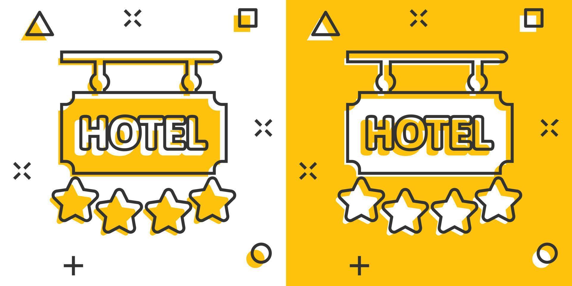 Hotel 4 stars sign icon in comic style. Inn cartoon vector illustration on white isolated background. Hostel room information splash effect business concept.