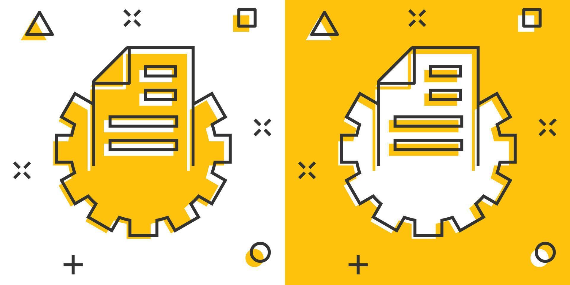 Document with gear icon in comic style. Big data processing cartoon vector illustration on white isolated background. Paper sheet software  splash effect solution business concept.